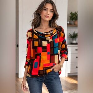 AGB Women's Colorful Geometric Blouse Petite Small